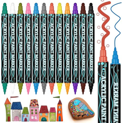 AUAUY 12PCS Acrylfarben Stifte, Acrylstifte für Steine Wasserfest mit Doppelspitze, Twin Tip Marker zum Zeichnen und Malen, Acrylic Paint Stifte Bemalen für Holz Keramik Glas Leinwand Keramik Basteln