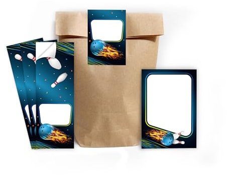 12 Mini-Notizblöcke + 12 Geschenktüten (Natur) + 12 Aufkleber Bowlling Kegeln Bowling-Party Mitgebselset Gastgeschenke für Kindergeburtstag Mädchengeburtstag Jungsgeburtstag