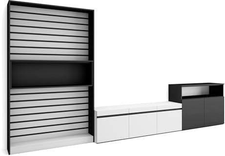 Skraut Home | Wohnwand Wohnzimmer | Wohnzimmermöbel, Möbelset | 360x186x35cm | Für TV-Geräte bis zu 65 | Wohnzimmer Möbel | Moderner Stil | Weiß und Schwarz