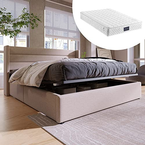 NQSLDM Polsterbett 140 x 200cm mit Bettkasten und Kopfteil, Hydraulisch Doppelbett mit Lattenrost aus Metallrahmen, Stauraumbett Gestell aus Holz und Leinenmaterial mit Matratze, Beige