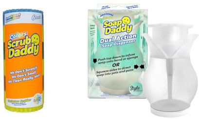 Scrub Daddy Colors, Six Sponge Multipack, Dish Sponges for Washing Up, Texture Changing Scratch-Free & Soap Dispenser, Soap Daddy Dual Action Washing Up Liquid Detergent Dispenser for Dishes