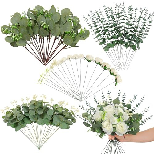 Weldomcor 72 Stück Kunstblumen & Künstliche Zweige, 7 Arten Künstliche Blumen Grün Blätter Dekozweige, KunstBlumen Wie Echt Rose Hortensien Eukalyptus für DIY Kunstblumenstrauss Hochzeit Party Dekor