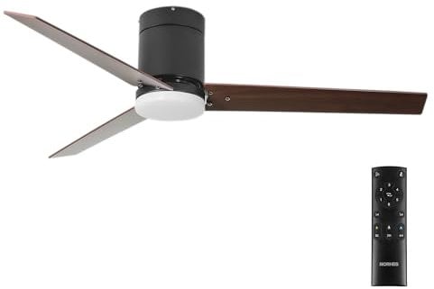 NORHES Boume Ventilador Techo Negro/Madera Oscura. 3 Aspas Ø132cm. Luz Led 20W Neutra/Cálida/Extra Cálida. Motor DC. Verano/Invierno. 6 Velocidades. Control Remoto Temporizador. Silencioso. Brisa