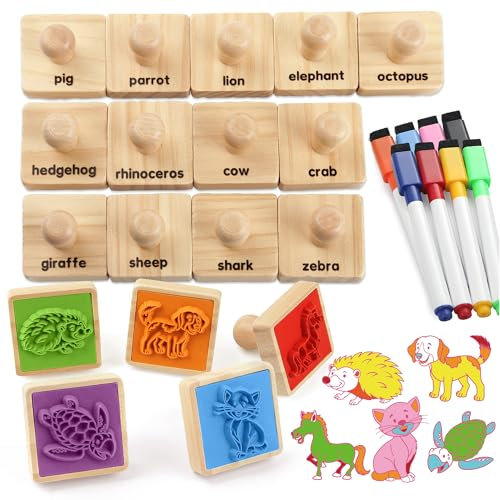 Coogam Holz Stempel Druck Spielzeug Set, 20pcs Tier Farbe Form Stempeln mit Markierungen, DIY Hund/Katze/Zebra/Elefant Scrapbook Kunst Handwerk Supplies Party Gunst Spielzeug Geschenk für 3 4 5 Jahre