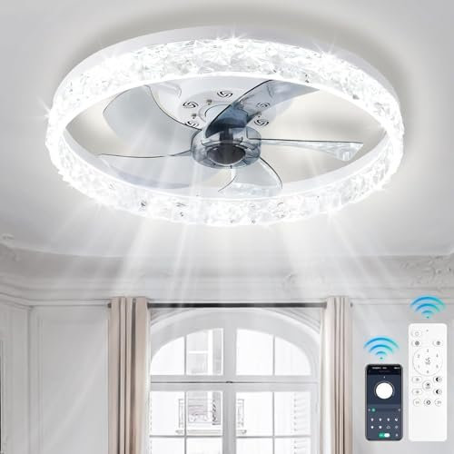 Fintonglan Ventilador de techo LED con luz regulable, 50 cm sin aspas, 6 velocidades, motor reversible, mando y APP, lámpara de techo de perfil bajo para dormitorio, salón y comedor (15–30 m²)