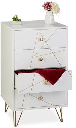 Relaxdays Kommode, HBT: 86 x 48 x 39 cm, 4 Schubladen, MDF, Eisen, Wohn-, Schlafzimmer, Flur, Beistellkommode, weiß/gold