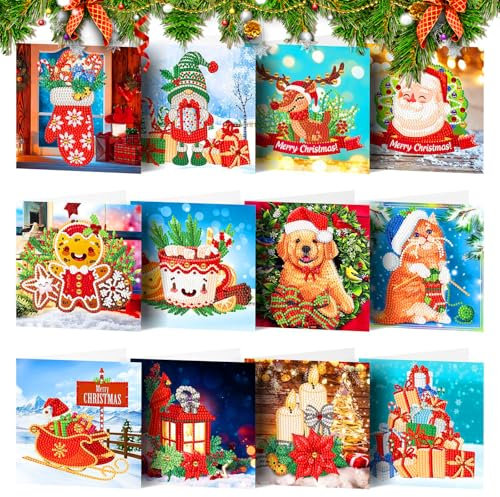 12 Stück Weihnachtskarten Set, 5D Diamantmalerei Weihnachtsgrußkarten Mit Diamantmalwerkzeugen und Umschlägen, DIY Grußkarten für Weihnachten, Manuelle Weihnachtsgrußkarten für Festivals Neujahr
