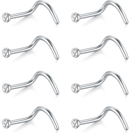 AceFun Nez Piercing, 8 Pièces Acier Inoxydable 22G Argent, Piercing Nez Anneaux Vis CZ Argent