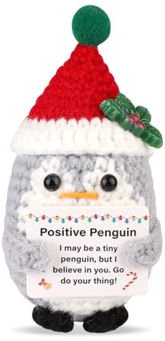 Positive Penguin with Santa Hat, Emotional Support Crochet Penguin with Scarf Christmas Crochet Animal Xmas Crochet Doll for Holiday Party Plush Decoration Encouragement Toy Gift