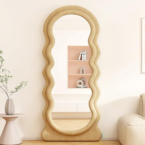 CEIEVER Bogen Ganzkörperspiegel, Wavy Mirror 160X60CM Full Length Unregelmäßiger Großer Langer Spiegel Ankleidespiegel Gewölbter Standspiegel für Schlafzimmer,Wohnzimmer (Milchteefarbe)