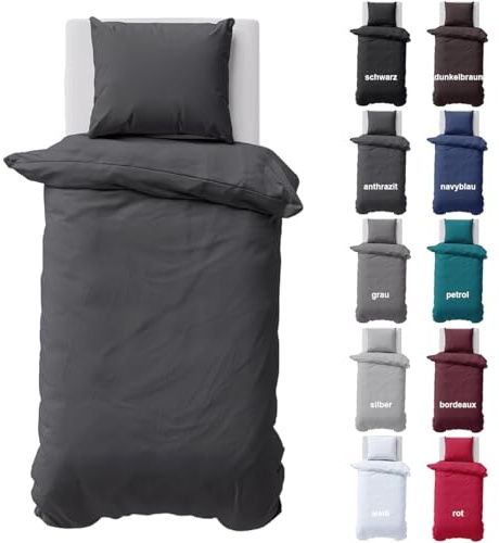 Visaggio Bettwäsche 155x220 cm Bettbezug Baumwolle Renforce 2 teilig Bettwäsche-Set Uni Anthrazit