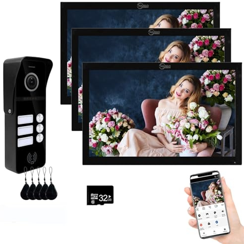 Videoportero con cable para apartamentos 3 unidades Videoportero con monitor táctil de 10 pulgadas, Kit de videoportero inalámbrico,Desbloqueo con tarjeta IC para (1 timbre negro+3 monitor negro)