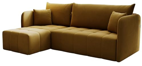 KP-Meble - Ecksofa mit Schlaffunktion Santo, Schlafsofa mit Bettkasten Couch, Wohnlandschaft, Bequemer Sitz - Velourstoff mit dekorativer Steppung - Links - Monolith 48 (Senf)