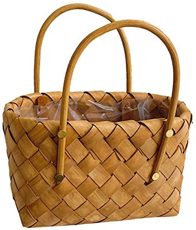 ABNNHK 2 Stück tragbarer Blumenkorb, Picknickkorb, Rattan-Pflanzkorb, gewebter Bauchkorb, Picknickkorb für 2 Gartenernten, Weiden-Aufbewahrungskorb zum Flechten Kleiner Körbe,