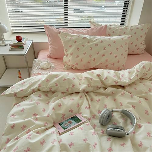 Freyamy Housse de Couette 200x200 Noeud Papillon avec 2 Taies d'oreiller 65x65 cm - Parure de Lit Rose et Blanche en Microfibre - Réversible Filles Linge de Lit 2 Personnes avec Fermeture Éclair