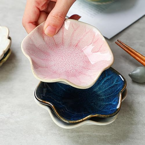 DWUENT Ceramic Dip Bowls 2pcs,Tea Bag Holder Dish,Flower Shape Spoon Rest Kitchen,Sauce Dishes,Sushi Soy Dipping Bowl,Coffee Station Accessories Home Decor New Gifts (Pink) 11x9.7x2.5cm