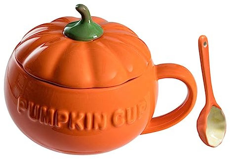 FUNNETOYU 1Set Creative Orange Pumpkin Ceramic Mug with Lid and Spoon Cute Coffee Storage Cup for Daily Use for Halloween and Fall Decor
