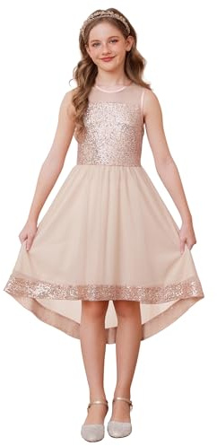 GRACE KARIN Vestito da cerimonia formale con paillettes luccicanti per ragazze, senza maniche, girocollo, abito per occasioni speciali con cintura, Oro rosa, 6-7 Anni