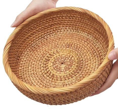 9.2 Medium Round Rattan Wicker Bread Basket, Natural Fruit Basket for Kitchen Counter, Hand Woven Food Baskets, Artisanal Bread Baskets for Serving, Fruit, Vegetable, Snack, key, Etc.
