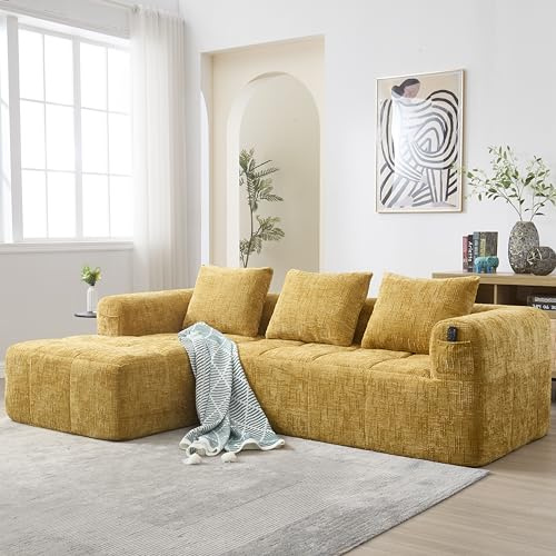 A ALFRESCOOL Ecksofa mit Schlaffunktion, Sofa l Form mit Schlaffunktion, Modernes Sektionssofa, Keine Installation Erforderlich, Chenille mit Chaiselongue und Armlehnen, 3 Kissen,Gelb