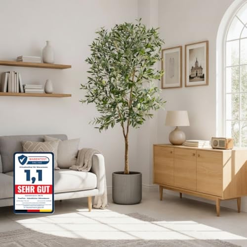 TreeTica Olivenbaum künstlich 180 cm – naturgetreuer Olivenbaum Groß & Pflegeleicht – Oliven Kunstpflanze als Deko Wohnzimmer, Schlafzimmer, Büro & Home Decoration