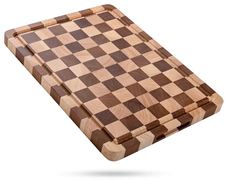 Tagliere a scacchi per cucina – Tagliere in legno spesso a scacchiera con manico e scanalatura per succo, double face per cucinare, servire e decorare, rettangolare, 40,6 x 30,5 x 2,5 cm