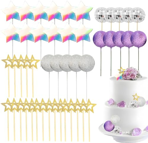 52 Pcs Disco Ball Cake Decorations, Mini Disco Balls for Cakes for Birthday, with Stick Cake Balls Decoration, 80s Retro Discos Cakes Decorations Applicable to Cupcakes and Desserts