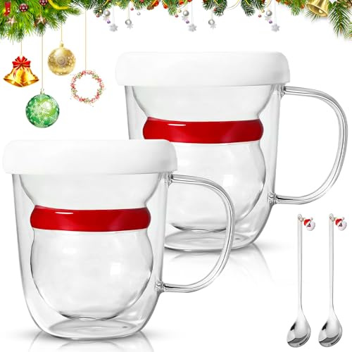 Purpledi 2er Set Weihnachtstasse, 300 mlDoppelwandige Weihnachtstassen, Schneemann Kaffeetasse Weihnachten, Tassen mit Deckel und Strohhalmen, Weihnachtsgeschenke für Frauen, Kinder