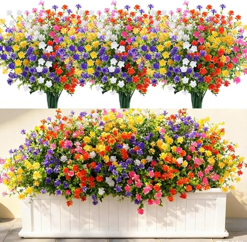 Alupssuc 20 Bundles Outdoor Artificial Flowers Spring Faux Greenery UV Resistant Fake Flower Bushes for Garden Porch Vase Pot Wedding Farmhouse Decor (Purple Rose Yellow Orange White)