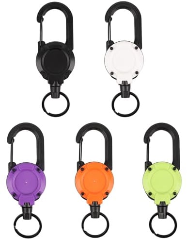 MINGBOLIN 5 Schlüsselanhänger Ausziehbar 65 cm Stahlseil Mehrfarbig | ABS-Kunststoff, Stahlseil 65 cm, automatischer Rückzug, 360° Karabiner, Outdoor, Angeln, Camping, Männergeschenk, 5 Farben
