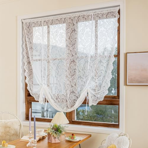 Daliena Raffrollo Spitze Raffgardine Halbtransparent Rollos Kurz Vorhang Bändchenrollo mit Tunnelzug Gardine Blumenfenster Küchengardinen Landhausstil BxH 150x180cm Weiß 1 Stück