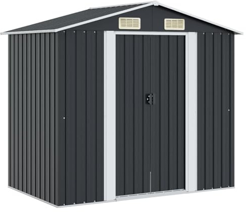 Ordellia Gartenschuppen Anthrazit aus verzinktem Stahl 204 x 132 x 186 cm, Gerätehaus Schuppen Lagerhaus für Werkzeug Rasenmäher Fahrrad im Außenbereich wetterfest abschließbar