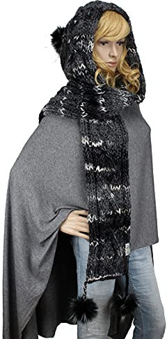 Kapuzenschal exklusiv 4 Farben mit Kunst-fell-bommel handgestrickt Farbwahl Schal XXL Mützenschal (schwarz grau meliert)