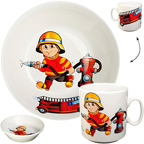 alles-meine.de GmbH 2 TLG. Set Tasse + hoher Teller/Suppenteller/Müslischale - Feuerwehr - Feuerwehrmann & Feuerwehrauto - aus Porzellan/Keramik - Henkeltasse/Trink..