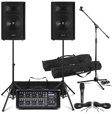 VONYX Complete Band PA System SL10 Passive Speakers, Power Dynamics 8-Channel Mixer Amp with Bluetooth, Microphone Kit, Speaker Stands & Audio Cables