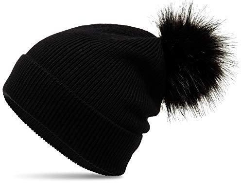 Caspar MU212 Gefütterte Damen Strick Long Beanie Mütze mit Kunstfell Bommel, Farbe:schwarz, Größe:Einheitsgröße