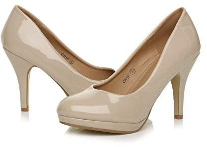 AJVANI high mid Heel Smart Work Evening Party Platform Court Shoes Pumps Size 6 39 Nude Patent