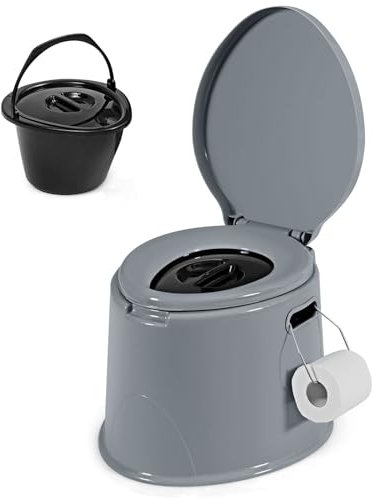 COSTWAY Inodoro Portátil para Camping con Tapa y Soporte para Papel Higiénico Inodoro Móvil para Viaje Acampar Senderismo (Gris)