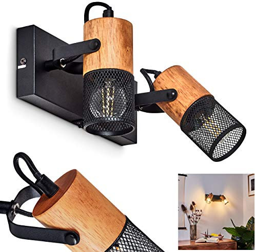 Wandleuchte Lengalau Wandlampe aus Metall schwarz und Holz, Moderne Zimmerlampe 2-flammig, 2 x E14, Leuchtenköpfe sind beliebig schwenkbar,ohne Leuchtmittel