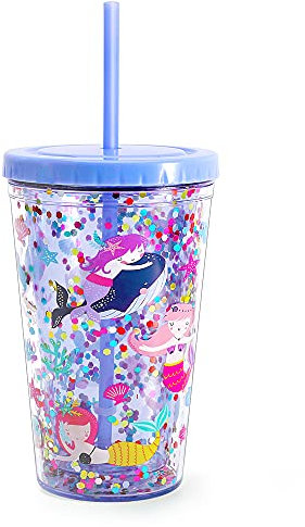 Cute Tumbler with Lid and Straw Double Wall Insulated Acrylic Cup for Girls Women Kids, 18oz/550ml (Mermaid)
