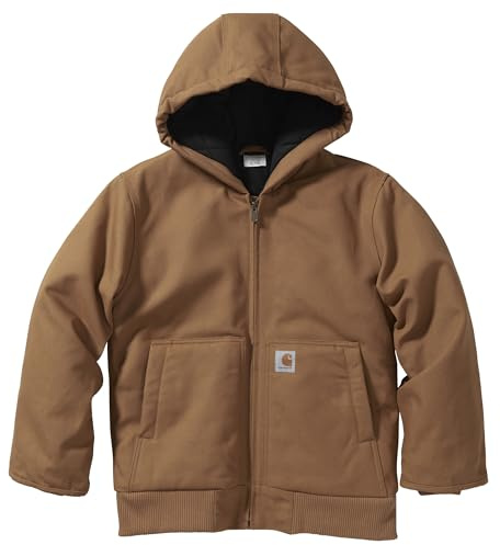 Carhartt Boys' Flannel-Lined Hooded Canvas Insulated Zip-Up Jacket, Brown, 18 Years