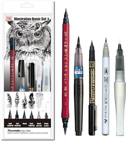 Kuretake Zig INKTOBER special set, Illustration Basic Set, Marking pen (5 pcs), Brush pens and glitter pen, Made in Japan