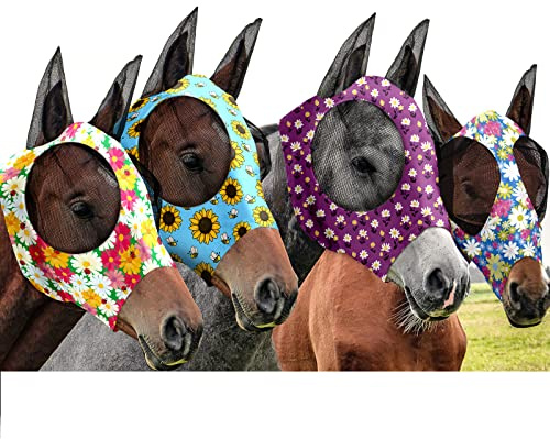 Frienda 4 máscaras de Mosca de Caballo con Orejas para Cubrir la Cara, protección UV contra plagas de Insectos, Elasticidad, Suave, cómoda, Accesorios de máscara de Caballo (Flor, Mediano)
