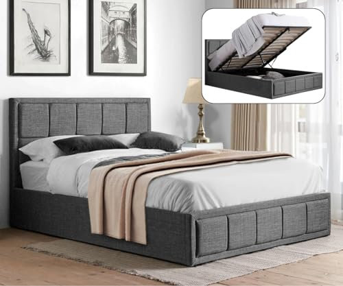 Upholstered Ottoman Bed Super King Bed Frame UKFR Linen Dark Grey Fabric Ottoman Storage Bed with Gas Lift End Opening Wooden Slats with Storage (6ft Super King 180 x 200, No Mattress)