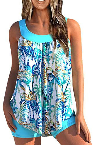Topassion Zweiteiliger Badeanzug für Damen - Tankini mit Push-Up-Effekt, Bauchweg-Funktion, bedrucktem Oberteil und Schwimmshorts für Strand und Pool