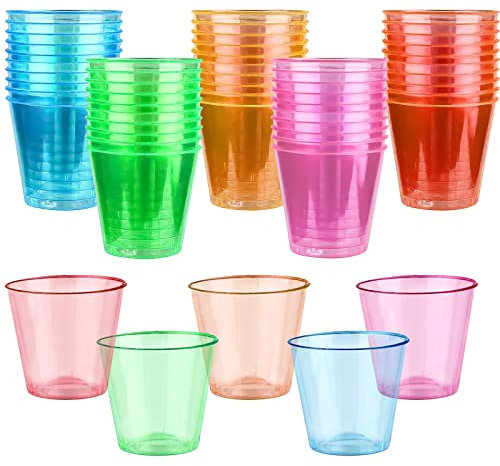 GAROMIA 50 Verres à Shot en Plastique, 35ml Colorés Shooter Plastique Gobelet Plastique Réutilisables Verres à Liqueur Verrines Plastique pour Anniversaires Barbecue Mariages Fêtes