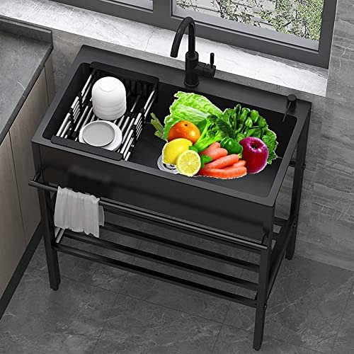 Lavello da cucina commerciale, pietra di quarzo, 1 vano e armadio, rubinetto in acciaio inossidabile, lavanderia e pratico lavello da cucina con staffe, perfetto per uso domestico o aziendale