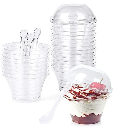 CoKeeSun 30 Pcs Dessert Cups with Lids and Spoons 5oz/140ml Round Dessert Cups Set Reusable Plastic Dessert Pots for Dessert Pudding Mousse Ice Cream Cheesecake