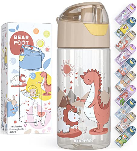 BEARFOOT Trinkflasche Kinder 450ml, leichte Tritan Wasserflasche, BPA frei, auslaufsicher, Kohlensäure geeignet, spülmaschinenfest für Jungen, Mädchen, Kindergarten - (Beige - Dinos)