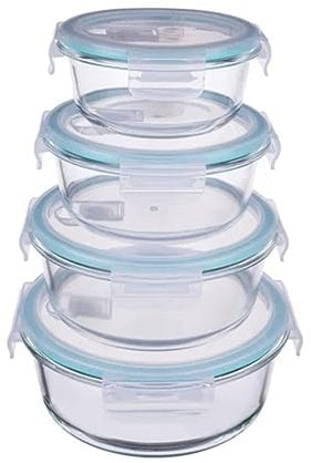 Round Glass Food Storage Containers with Lids – 4 Pack Airtight Reusable Meal Prep Set, Glass Lunch Box for Fridge Storage, Microwave, Oven & Freezer Safe Kitchen Containers